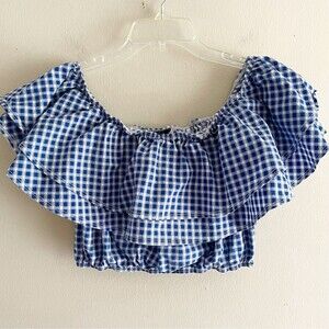 Meli Eve Off The Shoulders Crop Top L Country Gingham Ruffles Blue White
